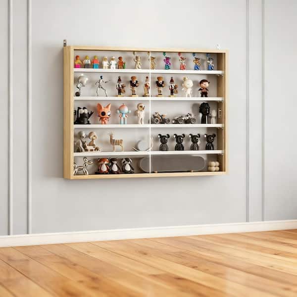 Oak 5-Tier 4 in W x 24 in H Wood Wall-Mounted Magazine Rack, Glass Display Case Cabinet with Glass Door Adjustable Shelf