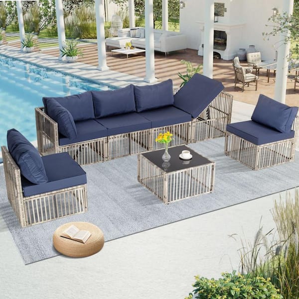MIRAFIT 7 Gray Pieces Wicker Outdoor Sectional Set with Table and Blue Cushions