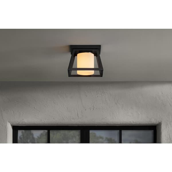 Home Decorators Collection Cardston 1-Light Black Outdoor Flush Mount Ceiling Light Fixture with White Opal Glass