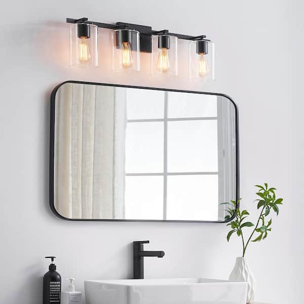 29 in. 4-Light Black Bathroom Vanity Light with Rectangle Glass Shades