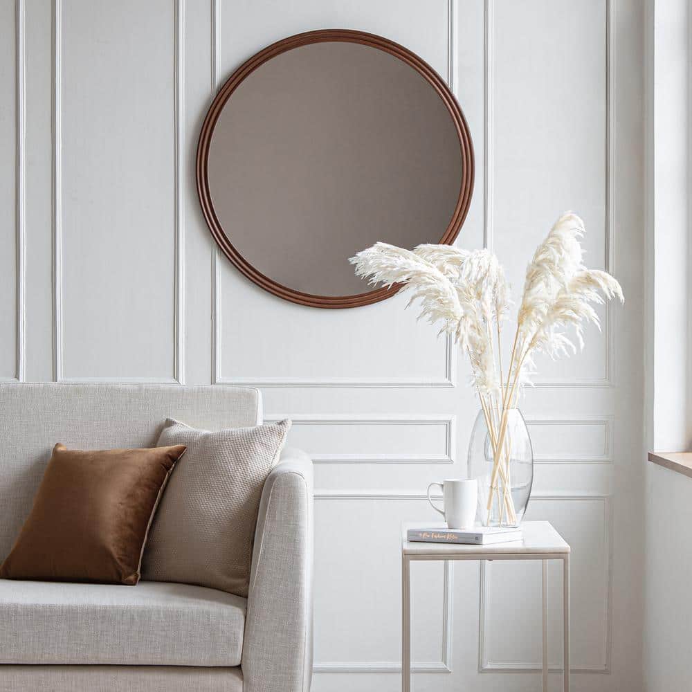 30-Inch Round Frameless Brown Wooden Wall Mirror