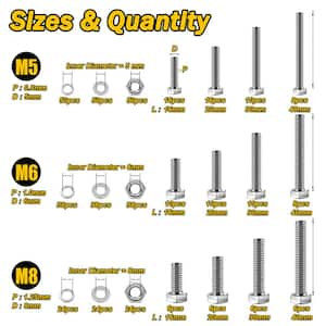 448-Pieces M5 M6 M8 Bolt Screw Set, Metric Bolt Assortment 304-Stainless Steel Nut Bolt Set Flat & Spring Washers Silver