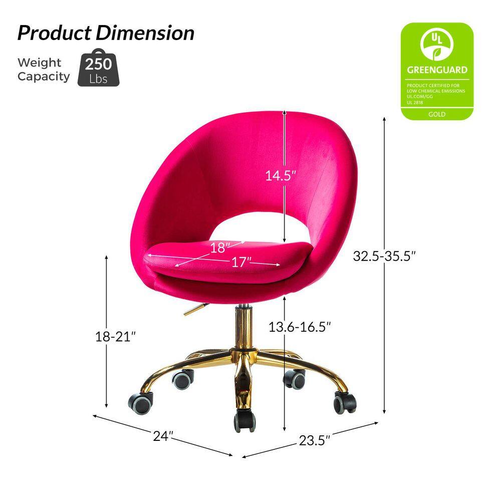 Ergonomic Fuchsia Velvet Swivel Task Chair with Gold Metal Base