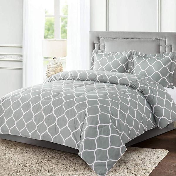 Shatex 3-Pieces Gray Geometric Polyester King Bedding Comforter Set with 2-Pillow Shams