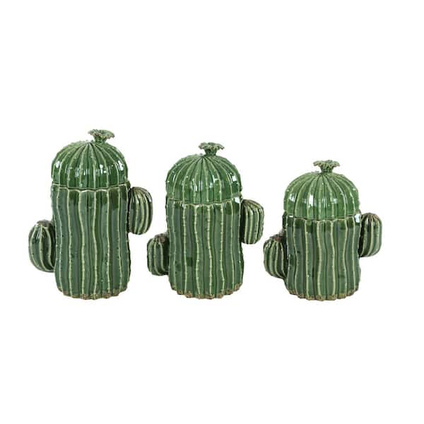 Litton Lane Set of 3 Ceramic Cactus-Shaped Jars in Glazed Green