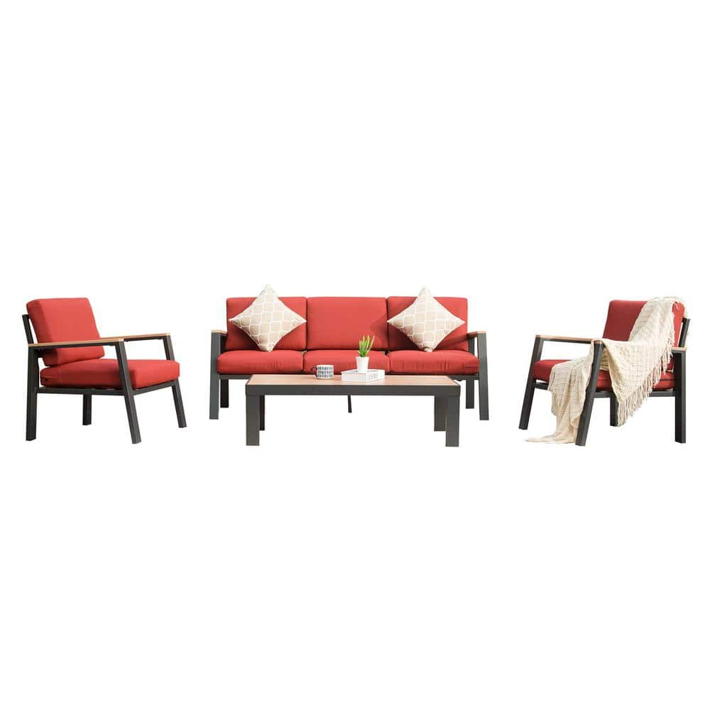 Mondawe 4-Piece Aluminum Outdoor Sectional Set with Red Cushions MD-CPL ...