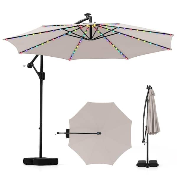 Costway 10 ft. Solar Offset Hanging Tilt Cantilever Patio Umbrella with Base in Beige