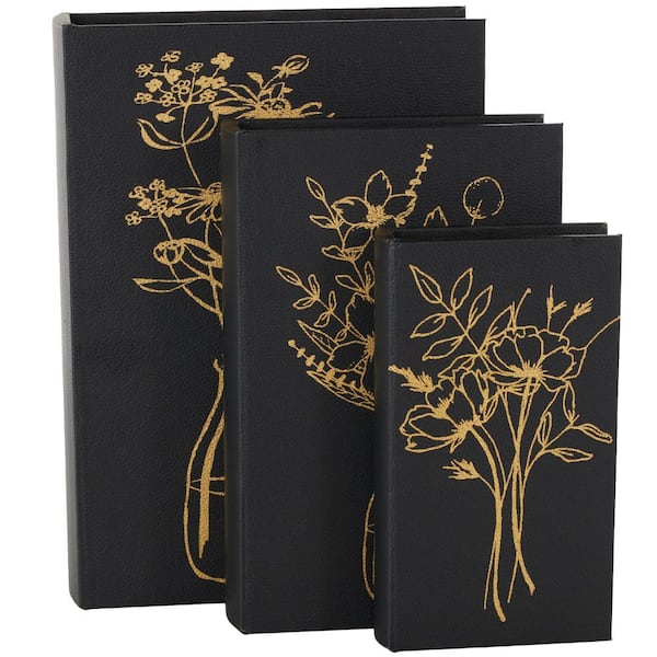Litton Lane Rectangle Faux Leather Faux Book Storage Floral Box with Gold Accents (Set of 3)