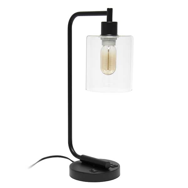 Simple Designs 18.8 in. Bronson Black Antique Style Industrial Iron Lantern Desk Lamp with USB Port and Glass Shade