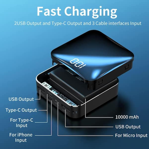 10,000 mAh Power Bank with 2 USB and Type C Output