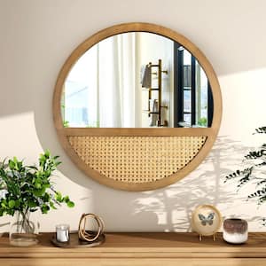 Natural 24 in. W x 24 in. H Round Wood-Rattan Wall Mirror