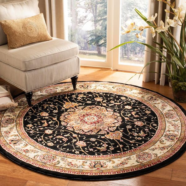 Lyndhurst Black/Ivory 7 ft. x 7 ft. Round Border Antique Floral Area Rug