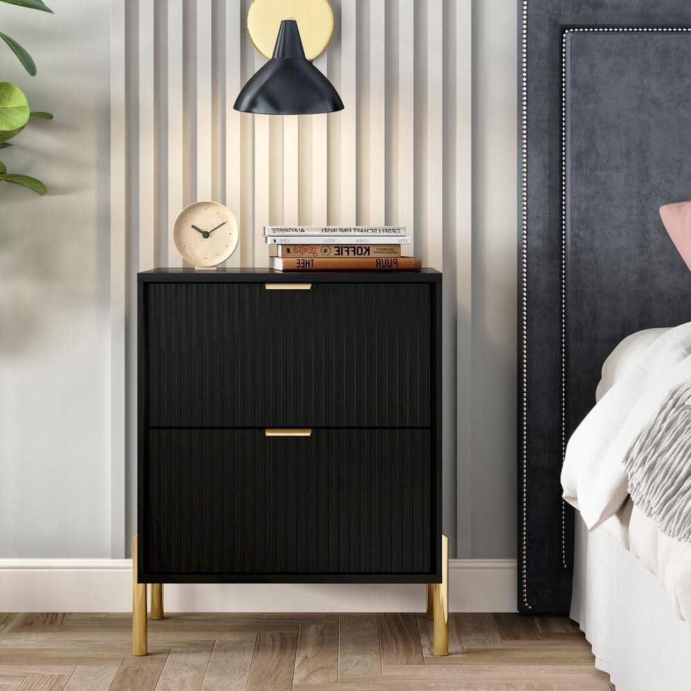 Festivo 2 Drawer Nightstand Black: Scandinavian Modern Style, MDF Construction, Includes Anti-Tip Hardware