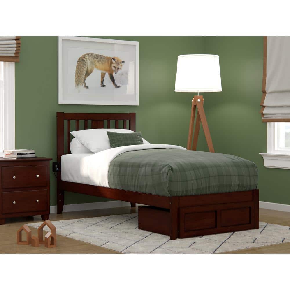 Walnut Twin Wood Platform Bed with Drawer and USB Charger