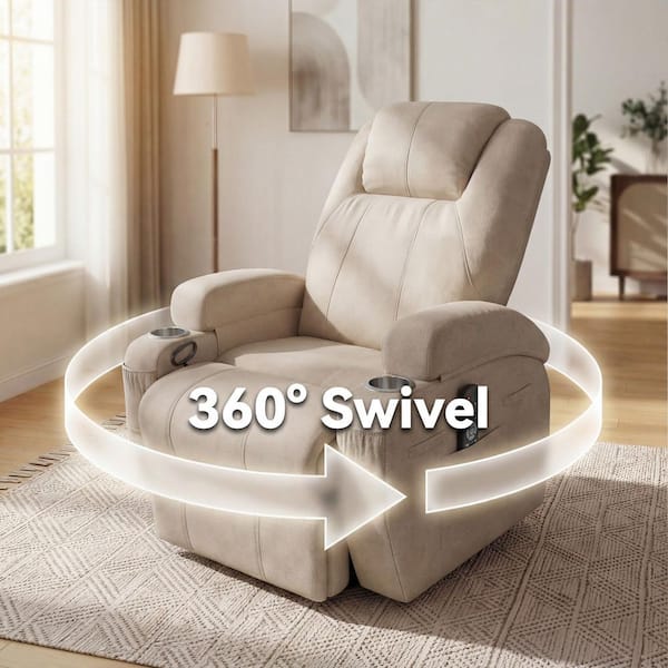 Rocking Beige Fabric Recliner Chair with Power Massage Function, Single Sofa with 2 Cup Holders Side Pockets