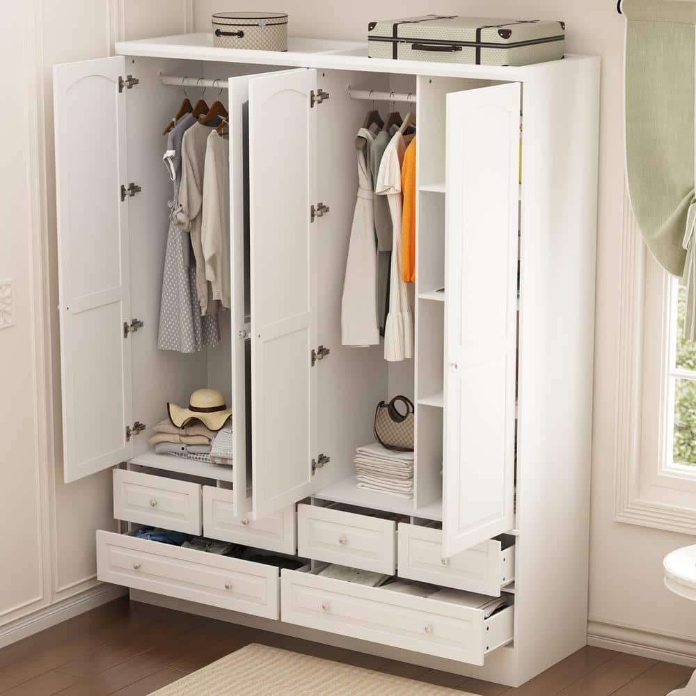 White Wood 63 in. W Big Wardrobe Armoires Mirror, Hanging Rods, Drawers, Adjustable Shelves, 78.7 in. H x 19.7 in. D - thumbnail 5