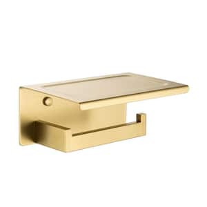 Screw Free Adhesive Installation Wall Mount Toilet Paper Holders with Shelf in Brush Gold