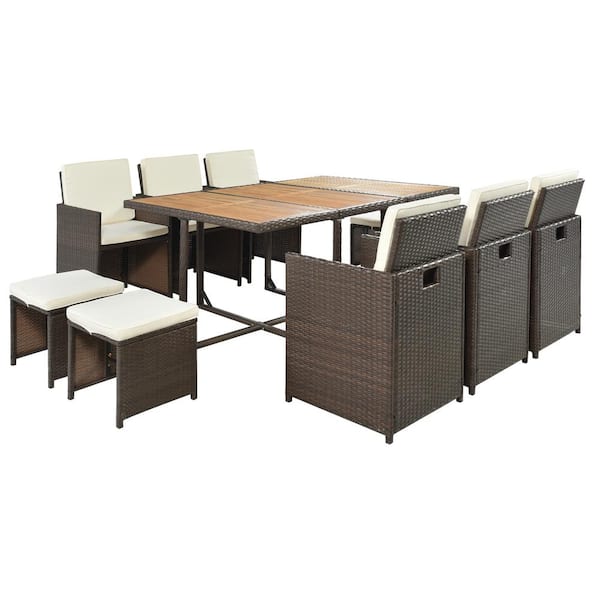 Sudzendf 11 Piece Outdoor Patio All-Weather PE Wicker Dining Table Set with Beige Cushion