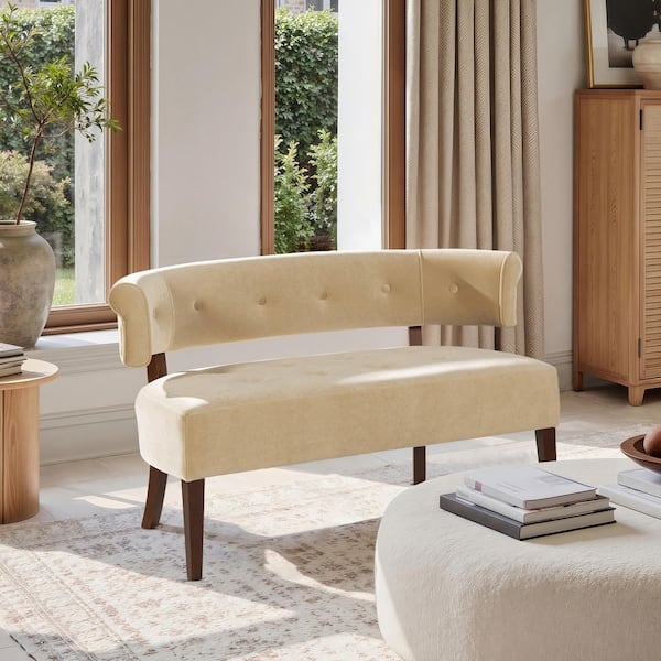Jared Roll Arm Performance Velvet Tufted Bench Settee with Back in Fawn Brown