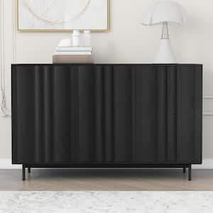 Black Wood 47.2 in. Storage Cabinet Sideboard with 2 Drawer, 2 Wave Pattern Doors, Adjustable Shelf, Rebound Device