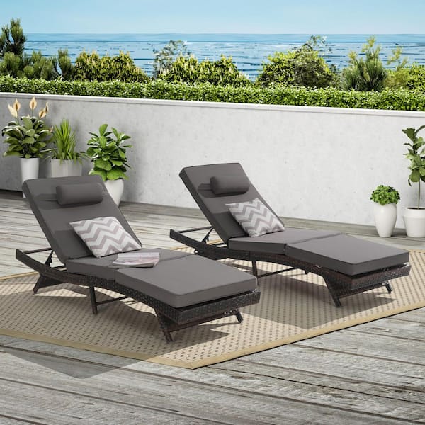 Sudzendf Wicker Outdoor Reclining Lounge Chair Sunbathing Chairs with Dark Gray Cushions (Set of 2)