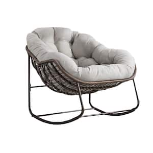 1-Piece Metal Rattan Outdoor Rocking Chair Rocker Recliner Chair with Beige Cushion