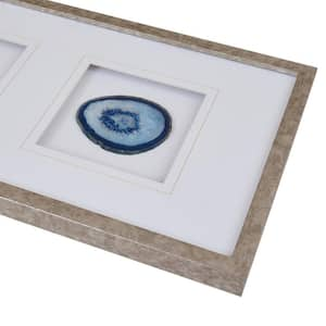 Natural Agate Trio Blue Real Stone Framed Glass and Double Matted Wall Art 34 in. W x 13 in. H