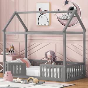 Gray Twin Size Wood House Bed with Fence and Door