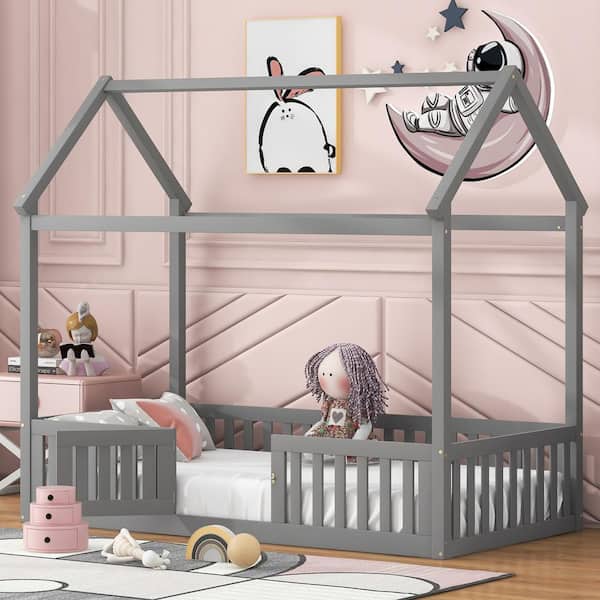 Harper & Bright Designs Gray Twin Size Wood House Bed with Fence and Door