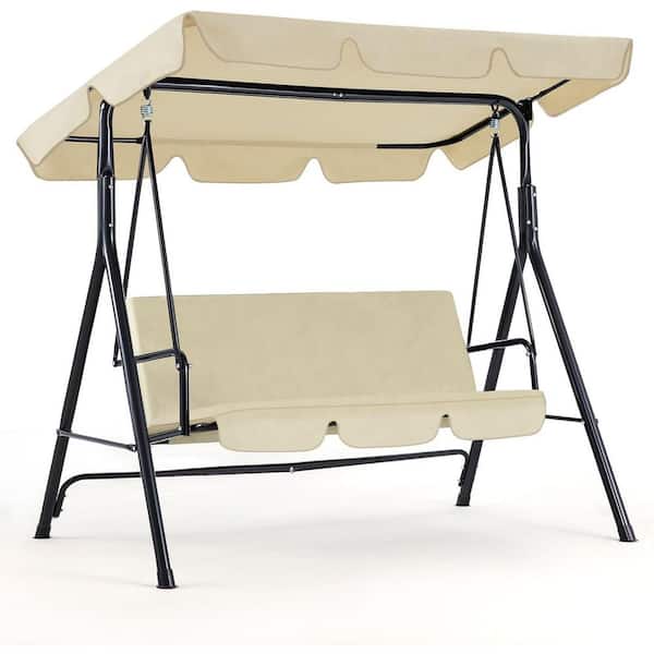 3-Person Metal Patio Swing with Beige Canopy Top, UV Resistant, Waterproof