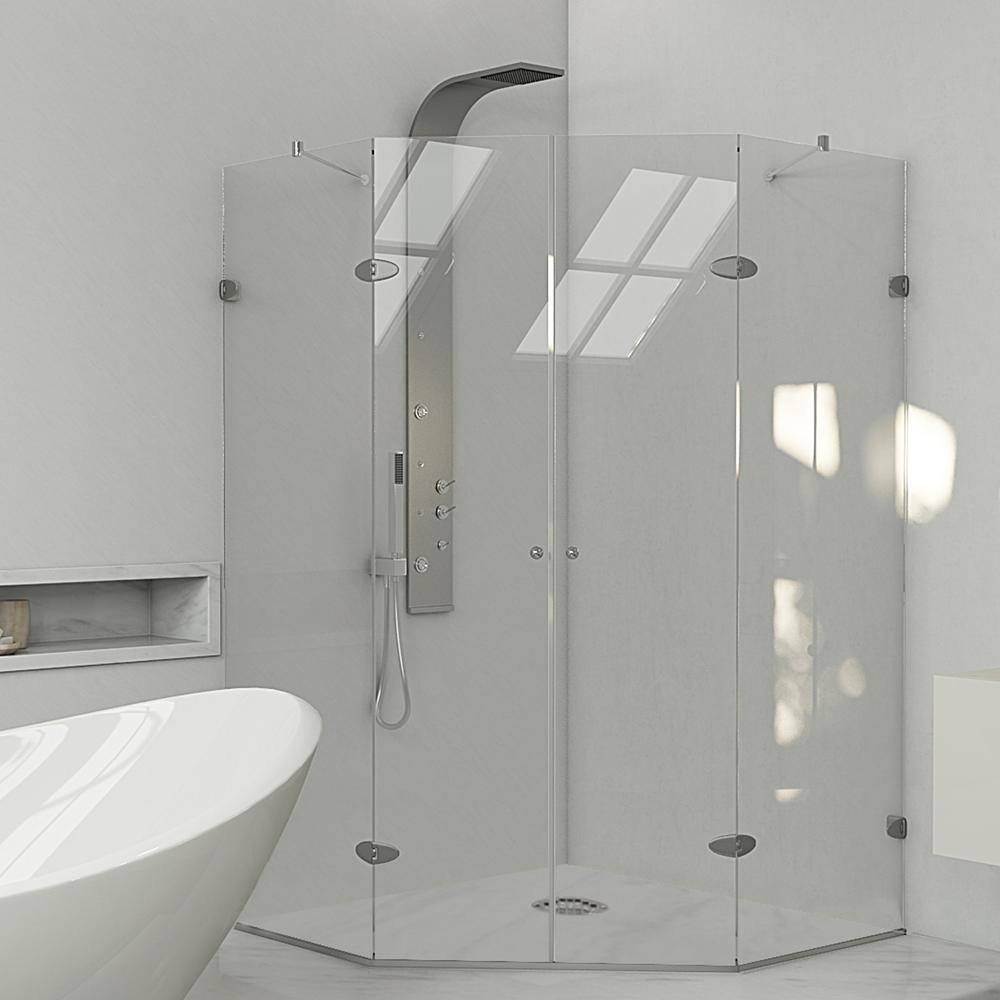 Gemini Frameless Neo-Angle Clear Glass Shower Enclosure with Brushed Nickel Hardware