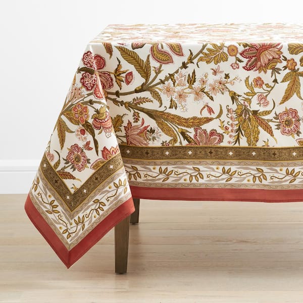 Orange Jacobean 108 in. X 70 in. Brown Floral Cotton Tablecloth