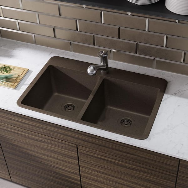 Rene Umber Granite Quartz 33 in. Double Bowl Drop-In Kitchen Sink Kit