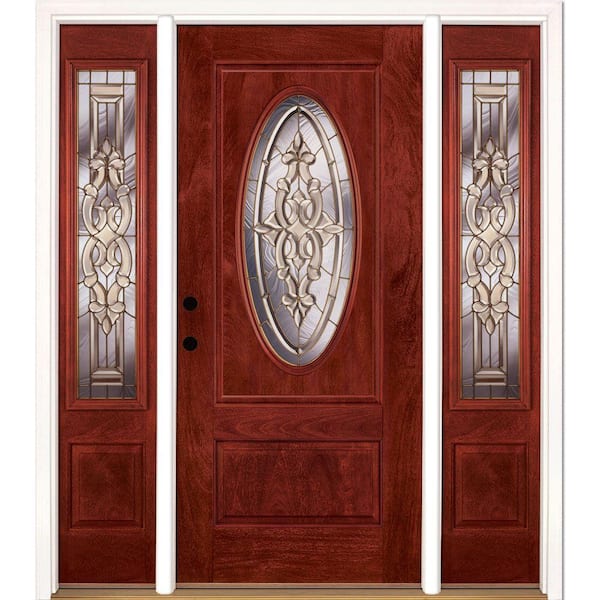 Feather River Doors 63.5 in.x81.625in.Silverdale Brass 3/4 Oval Lt Stained Cherry Mahogany Rt-Hd Fiberglass Prehung Front Door w/Sidelites