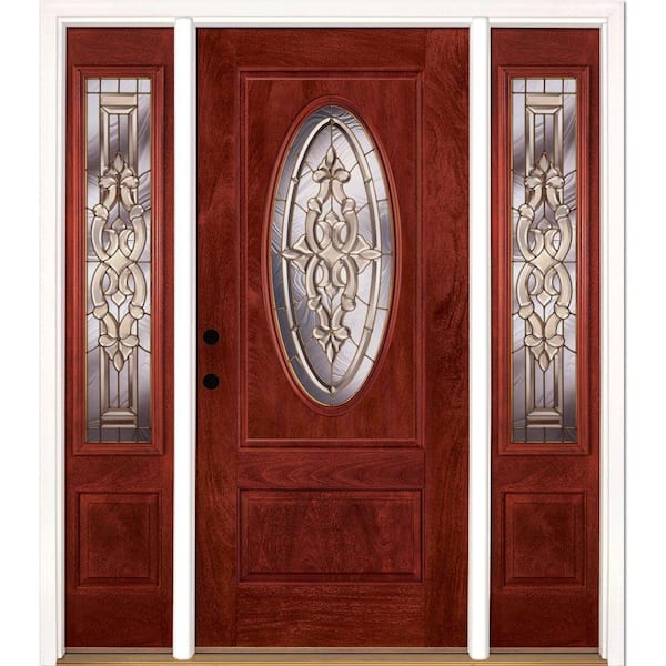 63.5 in.x81.625in.Silverdale Brass 3/4 Oval Lt Stained Cherry Mahogany Rt-Hd Fiberglass Prehung Front Door w/Sidelites
