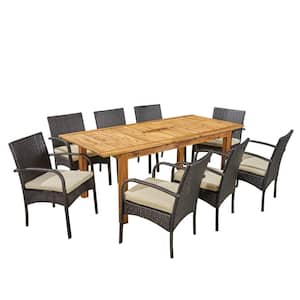 Elmar Multi-Brown 9-Piece Wood and Faux Rattan Outdoor Dining Set with Creme Cushions