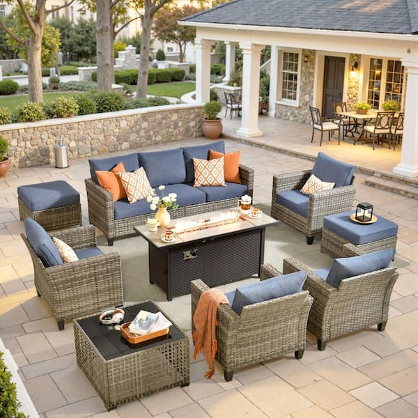 Limerence 9 Pieces Wicker Outdoor Patio Rectangular Fire Pit Set with Denim Blue Cushions