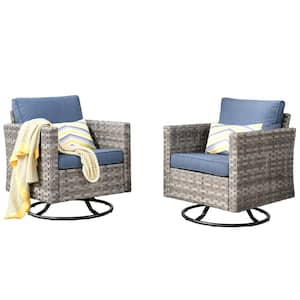 Tahoe Grey Swivel Rocking Wicker Outdoor Patio Lounge Chair with Denim Blue Cushions (2-Pack)