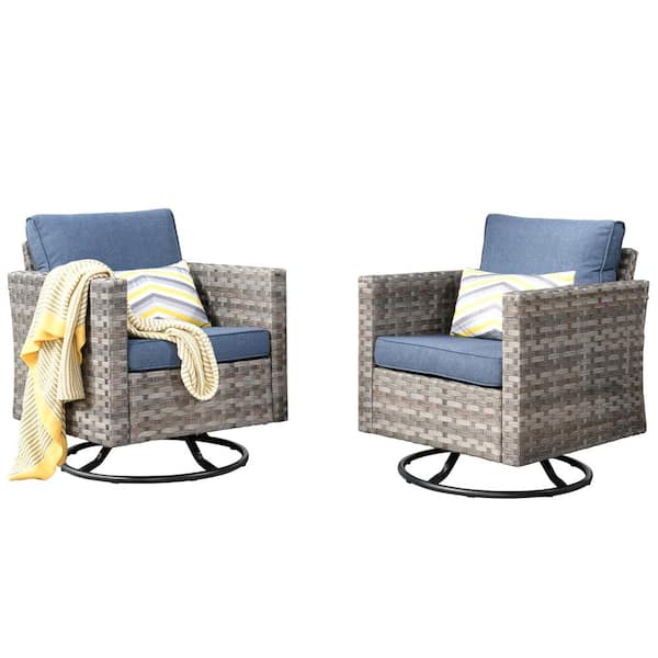 Tahoe Grey Swivel Rocking Wicker Outdoor Patio Lounge Chair with Denim Blue Cushions (2-Pack)