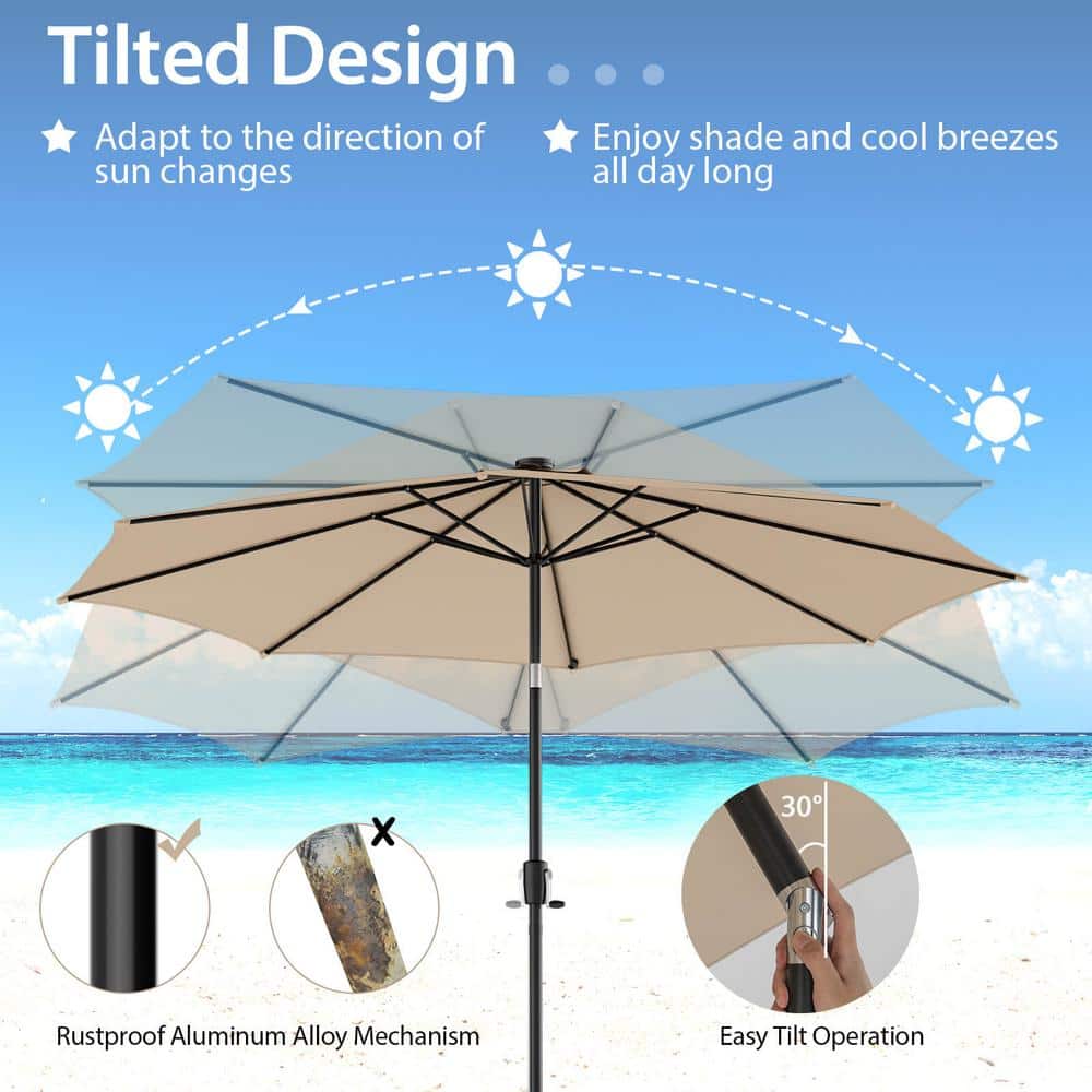 10ft Beige Solar LED Lighted Patio Umbrella with Crank Tilt