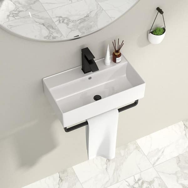 21 in. Rectangular Ceramic Wall-Mounted Bathroom Sink in White with Black Towel Bar and Faucet