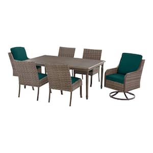 Windsor 7-Piece Brown Wicker Rectangular Outdoor Dining Set with CushionGuard Malachite Green Cushions