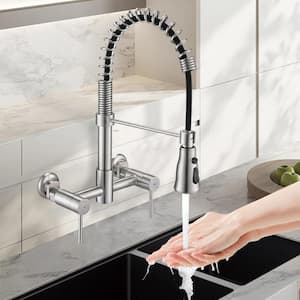 Double Handle Wall Mounted Bridge Kitchen Faucet with Pull-Down Sprayer Kitchen Faucet in Brushed Nickel