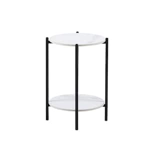 2-Layer 14.1 in. White Round-Top Faux Marble End Table with Black Metal Frame