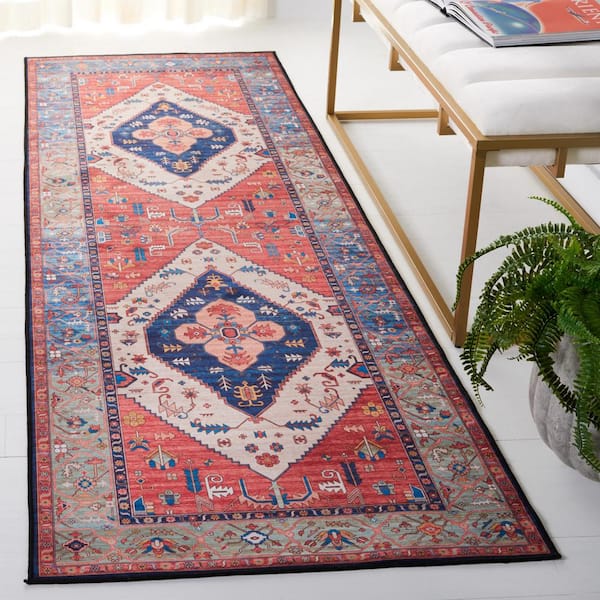 Tuscon Rust/Blue 3 ft. x 8 ft. Machine Washable Medallion Border Runner Rug