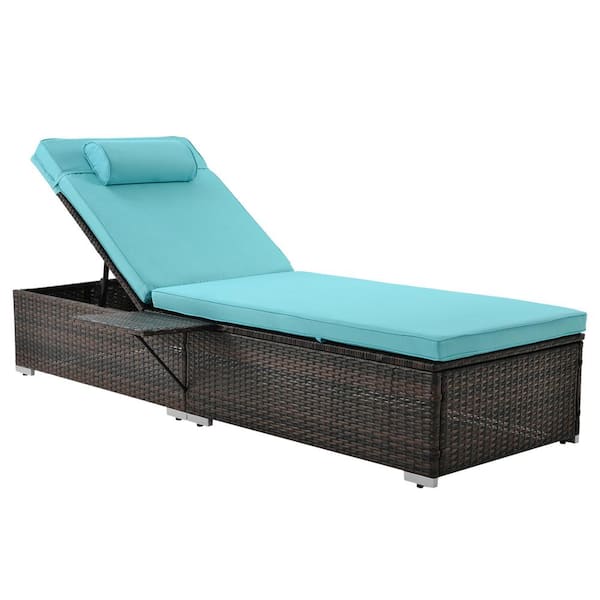 Unbranded Brown Wicker Outdoor Patio Chaise Lounge with Blue Cushions with Elegant Reclining Adjustable Backrest Sets of 2