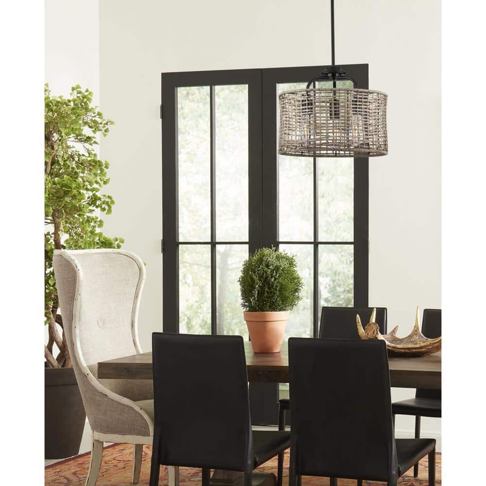 Matte Black and Rattan 3-Light Semi-Flush Mount Ceiling Light
