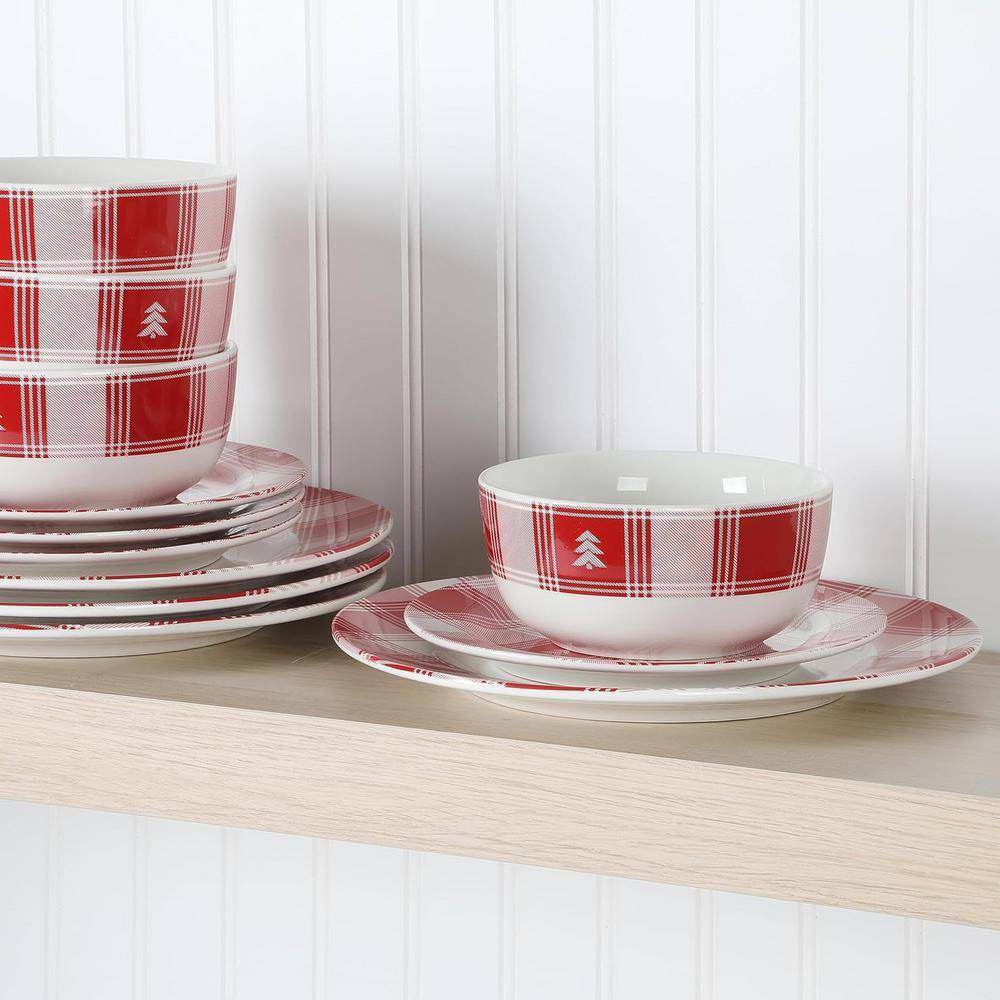 Red and White Plaid Ceramic Holiday Dinnerware Set, Service for 4