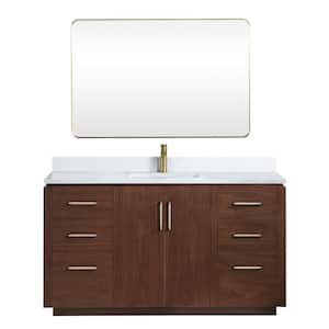 San 60 in.W x 22 in.D x 33.8 in.H Single Sink Bath Vanity in Natural Walnut with White Composite Stone Top and Mirror