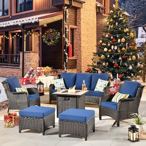 New Kenard Brown 6-Piece Wicker Patio Fire Pit Conversation Seating Set with Navy Blue Cushions